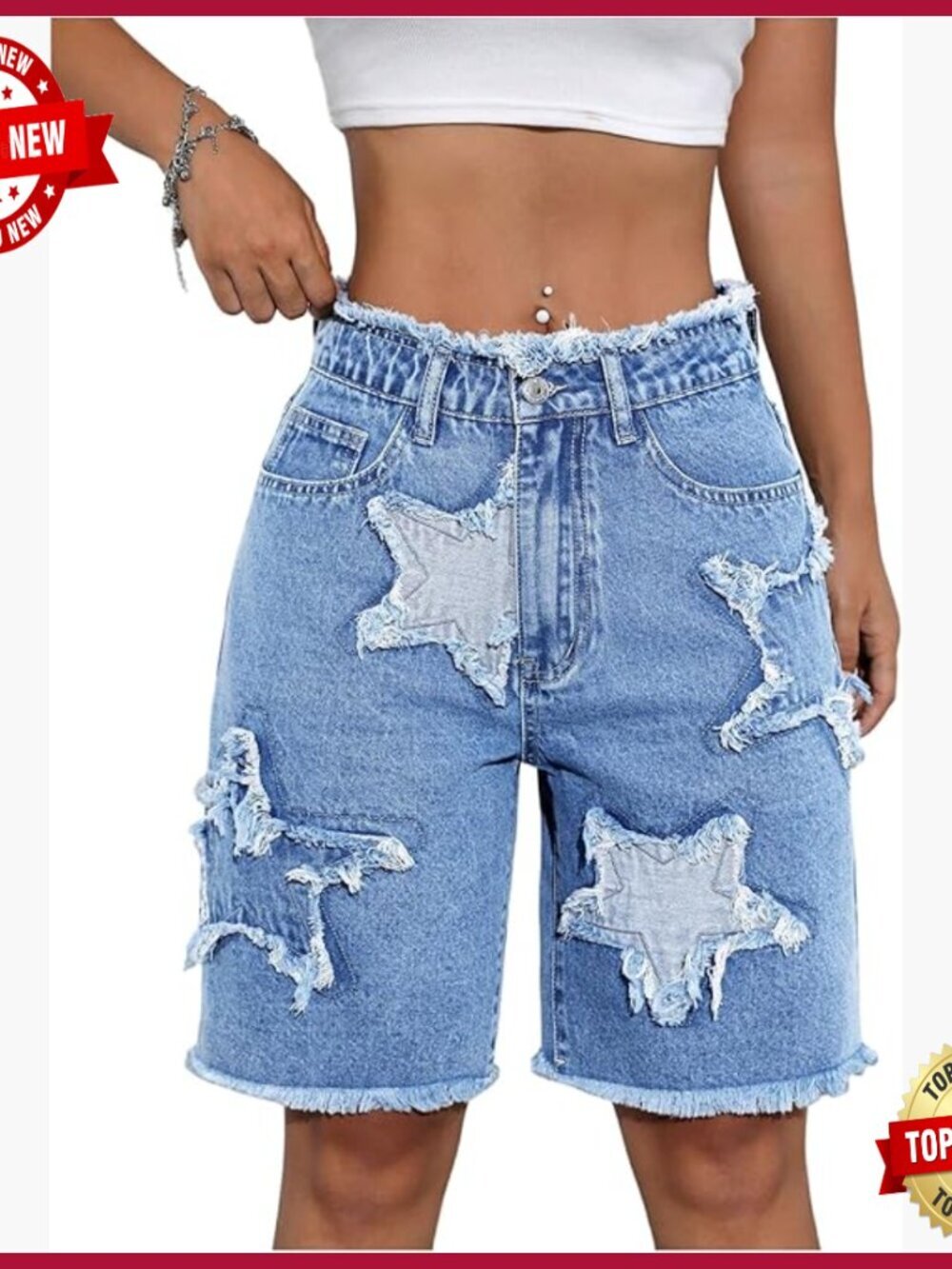 Star Patched Raw Hem Denim Bermuda Shorts High Waisted Wide Leg Baggy